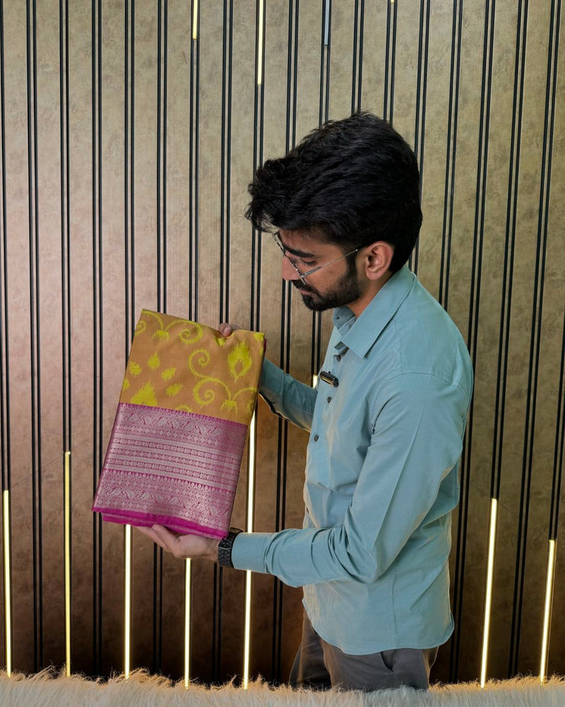 Yellow Pattu Silk Embossed Floral Prints Banarasi Saree