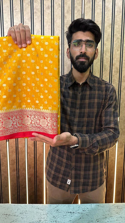 Yellow Semi Georgette Zari Weaved Buti Banarasi Saree