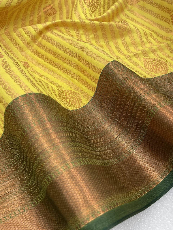 Yellow Soft Kubera Pattu Zari Embossed Striped Saree
