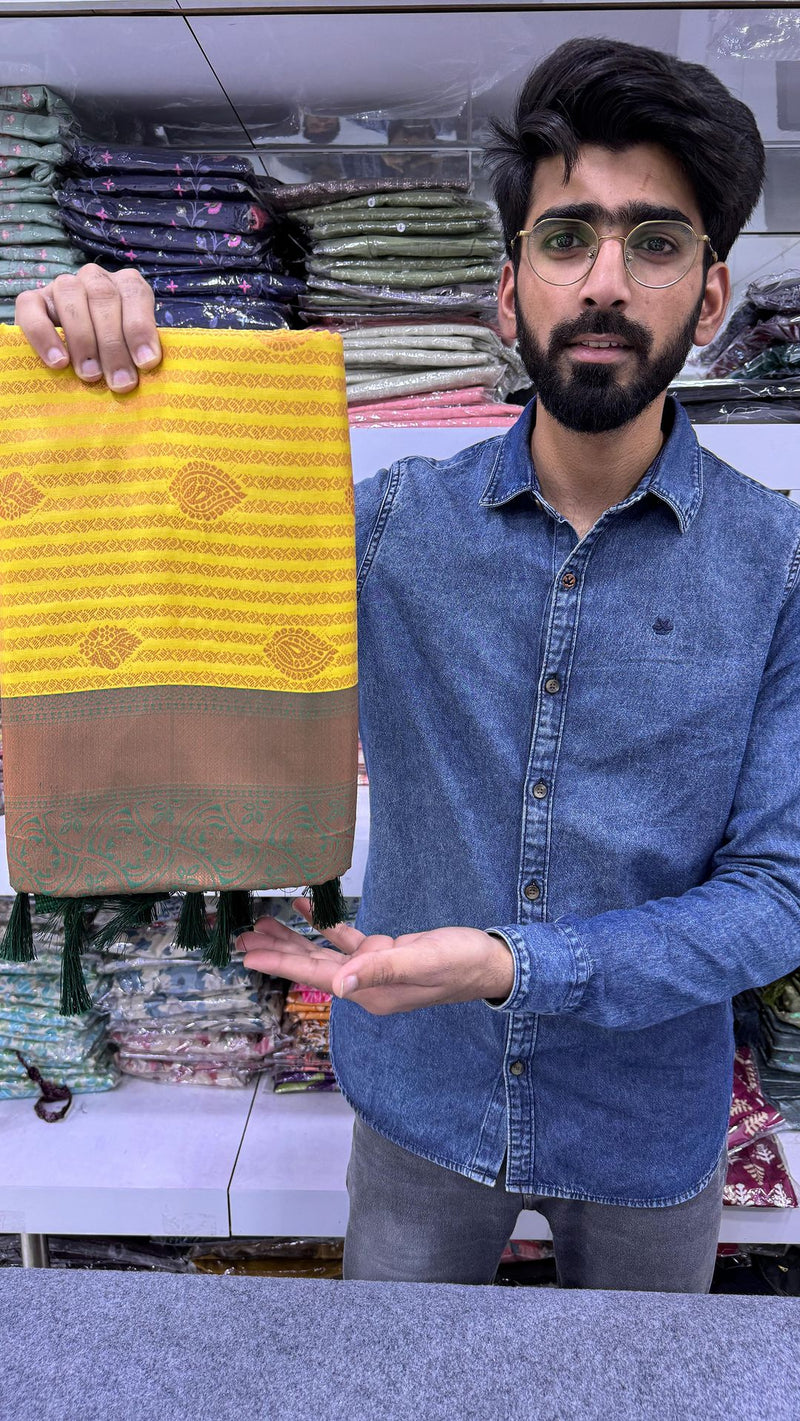 Yellow Soft Kubera Pattu Zari Embossed Striped Saree