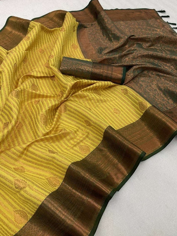 Yellow Soft Kubera Pattu Zari Embossed Striped Saree