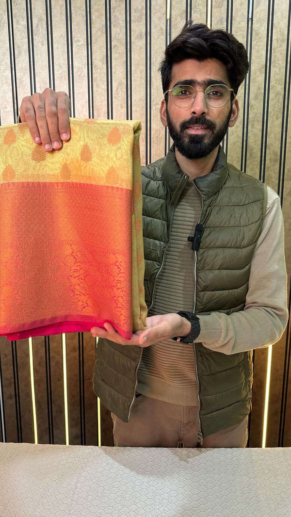 Yellow Soft Tissue Silk Copper Zari Buti Banarasi Saree