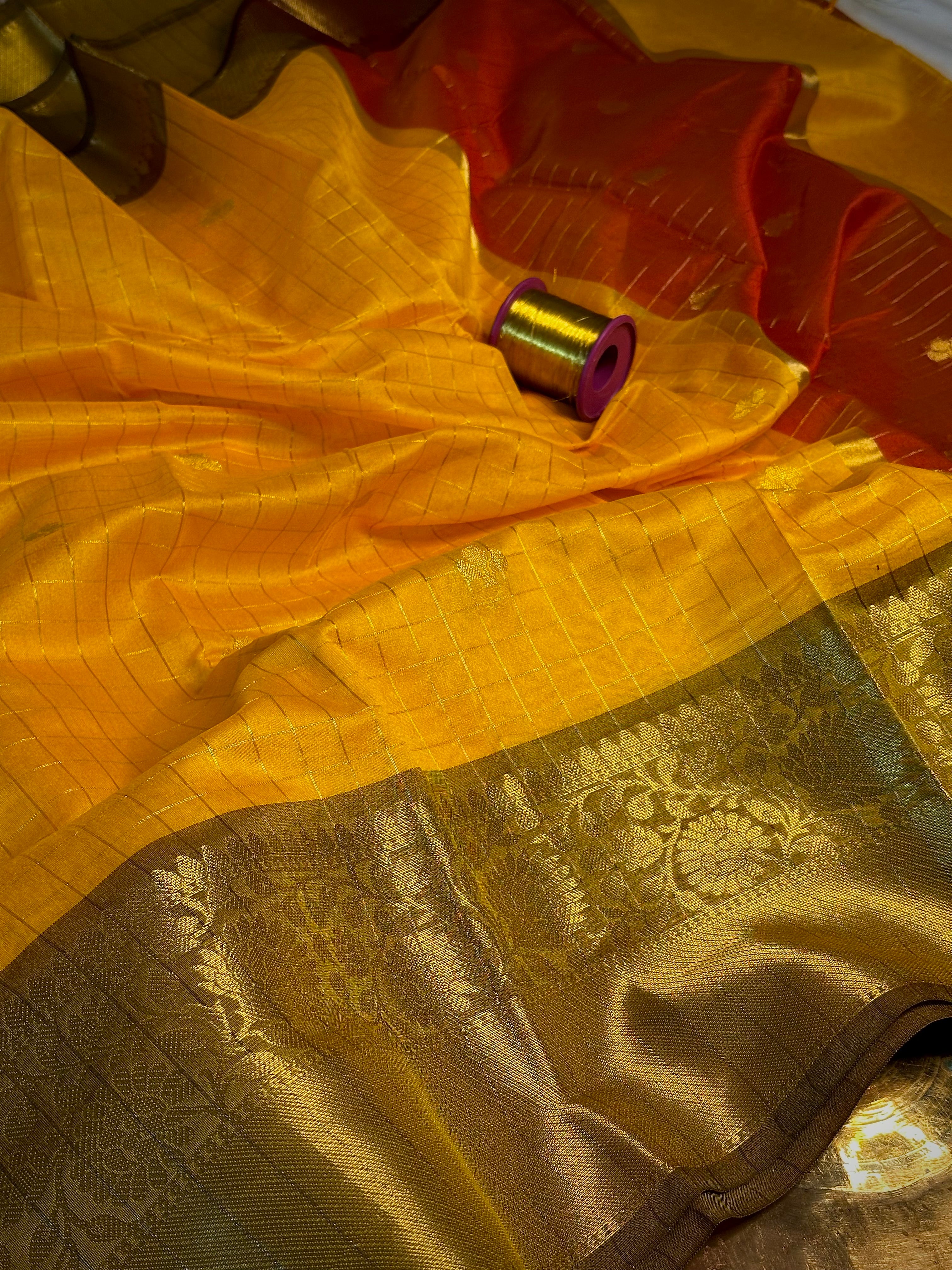 Yellow checks buti weave cotton Banarasi saree
