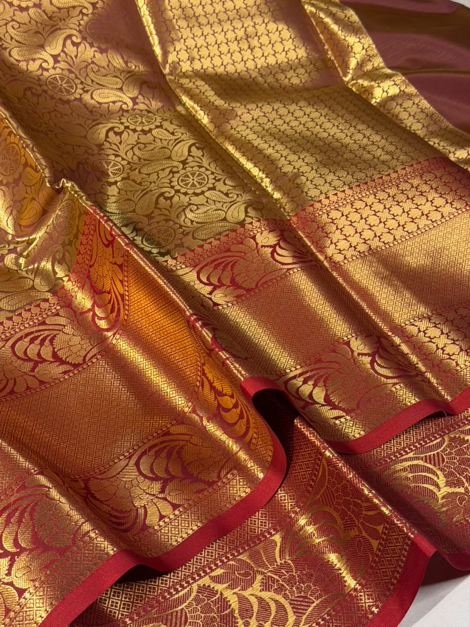 Rusted Copper Kanjivaram Embossed Tissue Saree