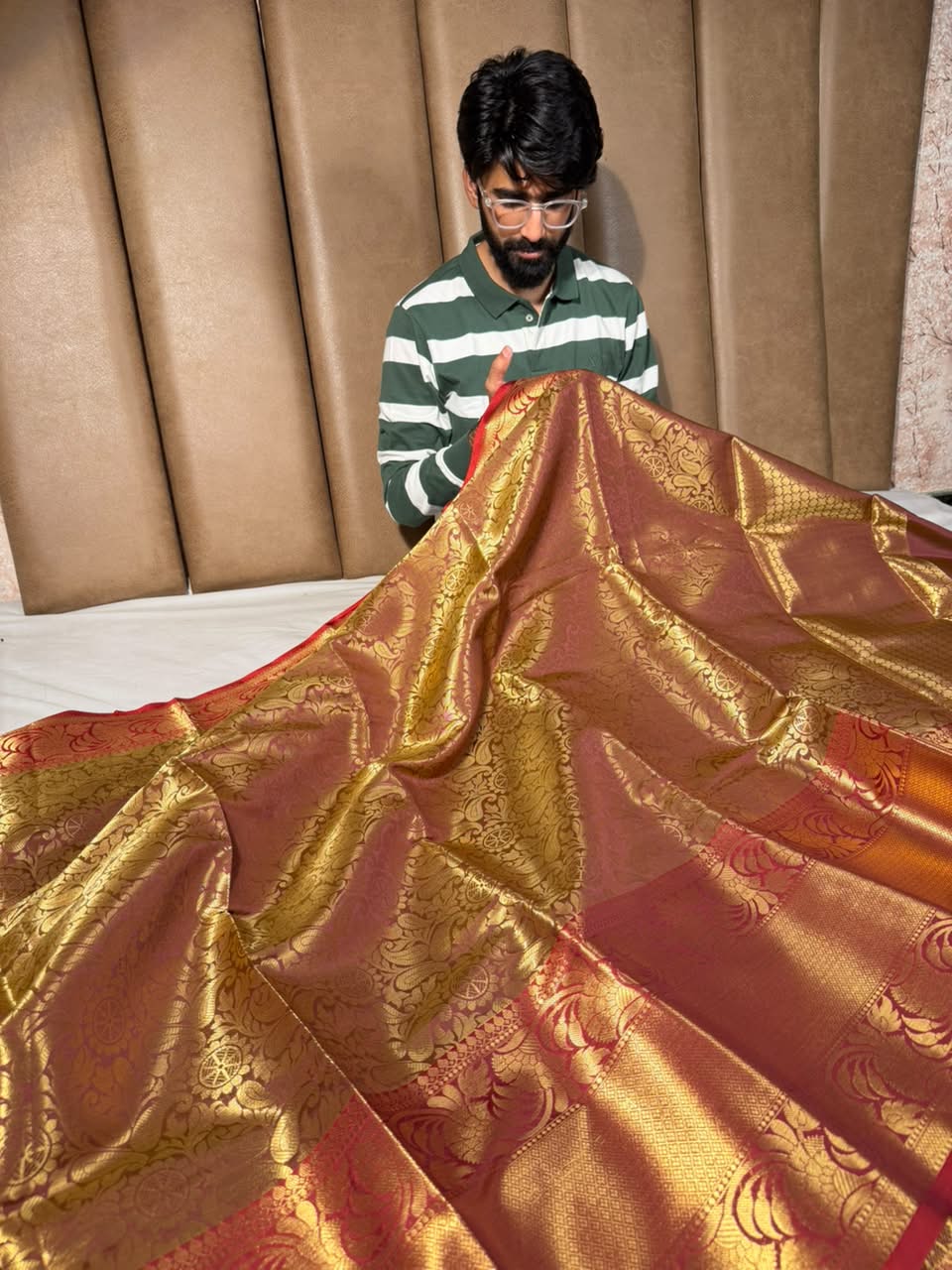 Rusted Copper Kanjivaram Embossed Tissue Saree