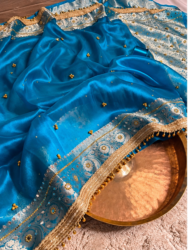 Firozi Blue Kora Tissue Viral Ghungroo Saree