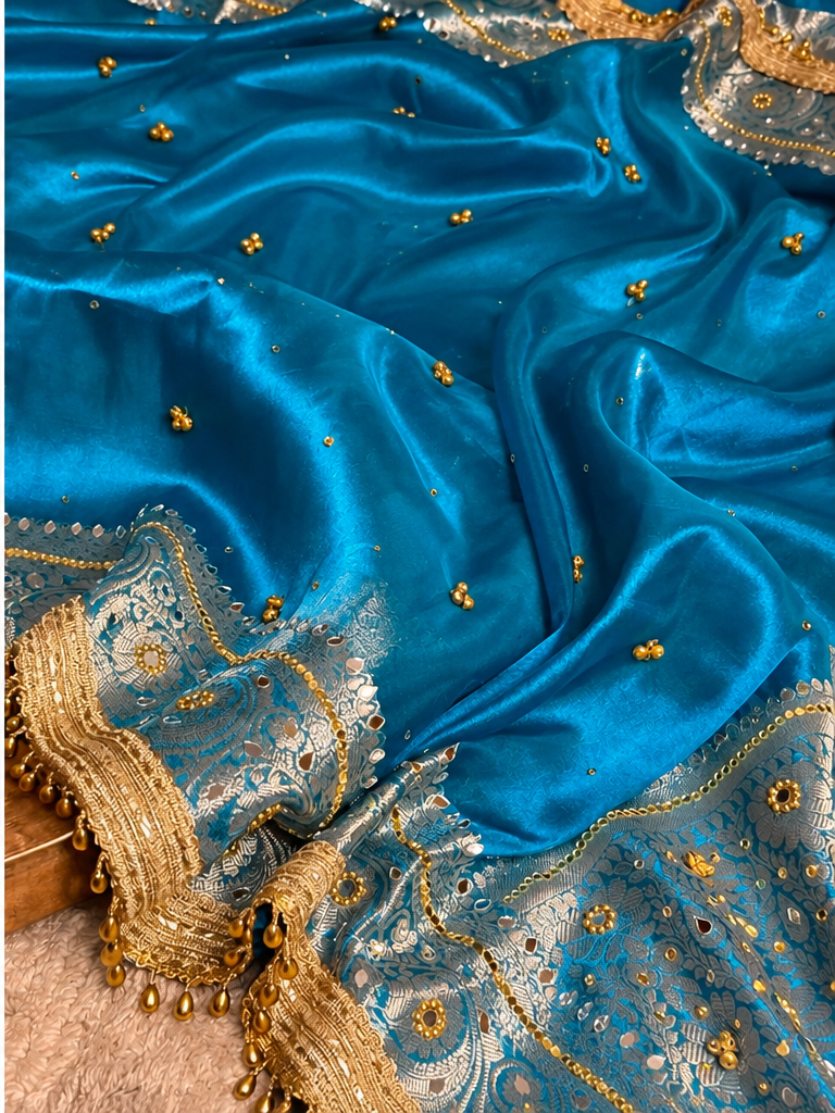 Firozi Blue Kora Tissue Viral Ghungroo Saree