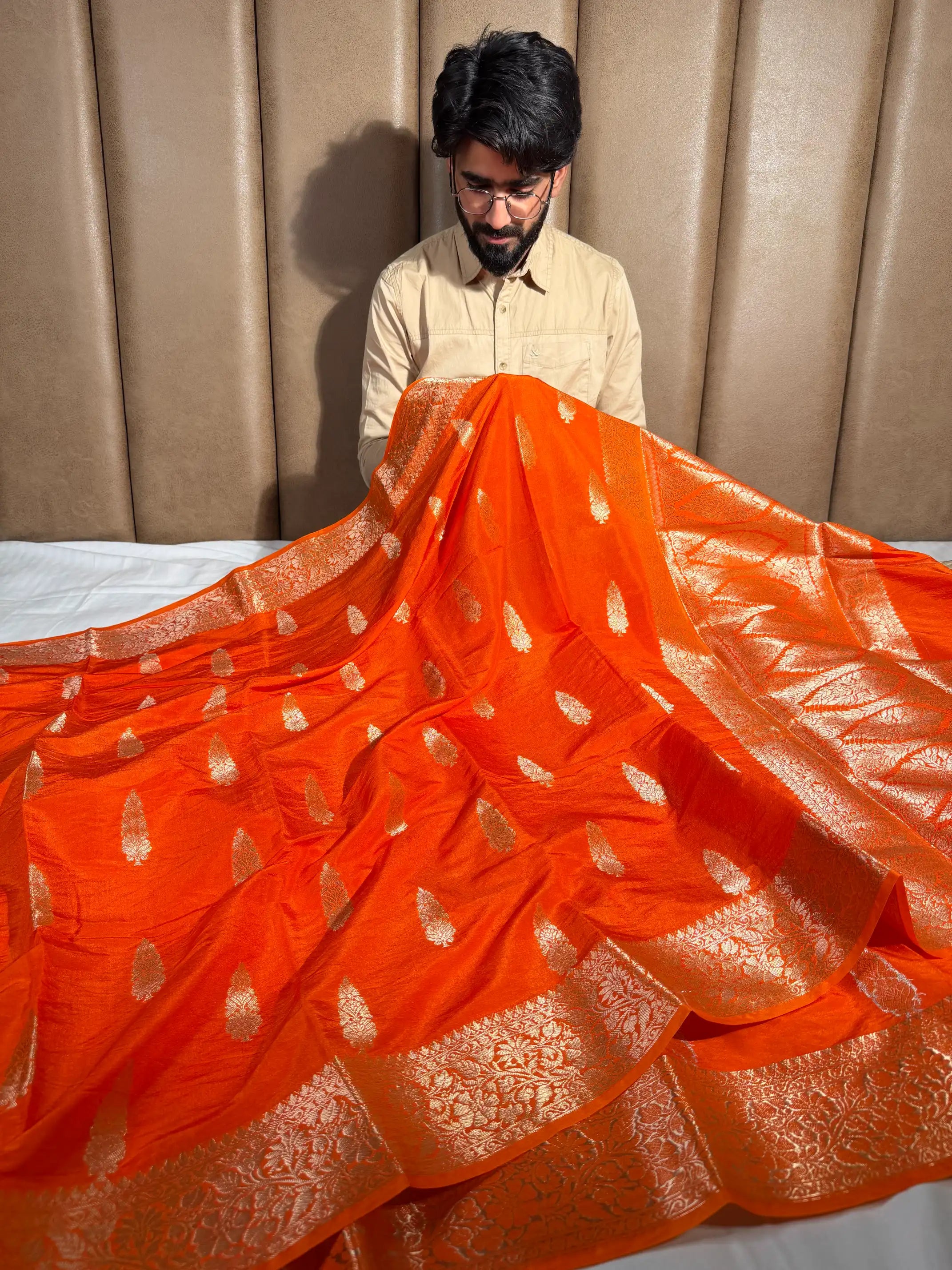 Bright Orange Traditional Chinia Silk Banarasi Saree