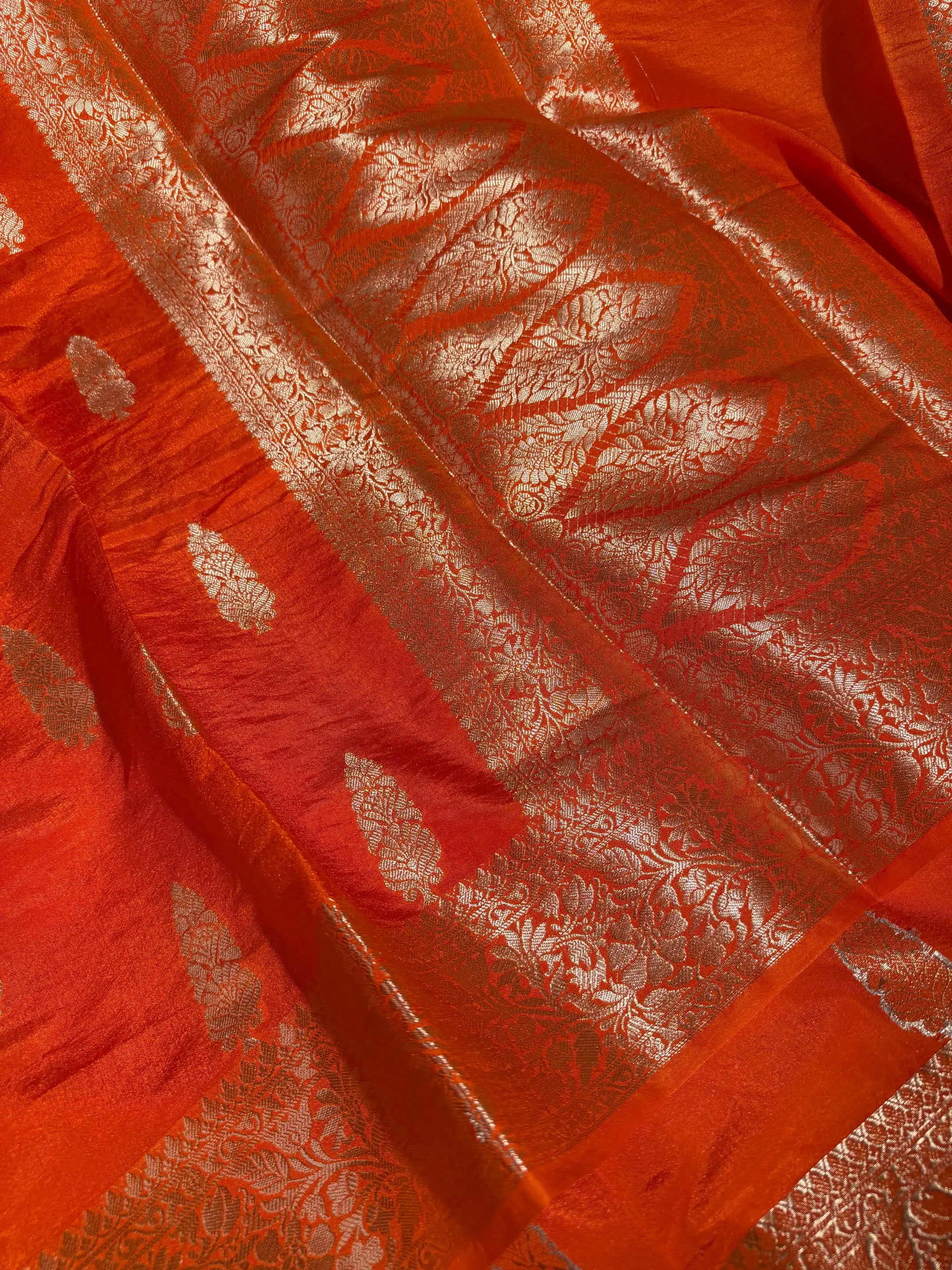 Bright Orange Traditional Chinia Silk Banarasi Saree
