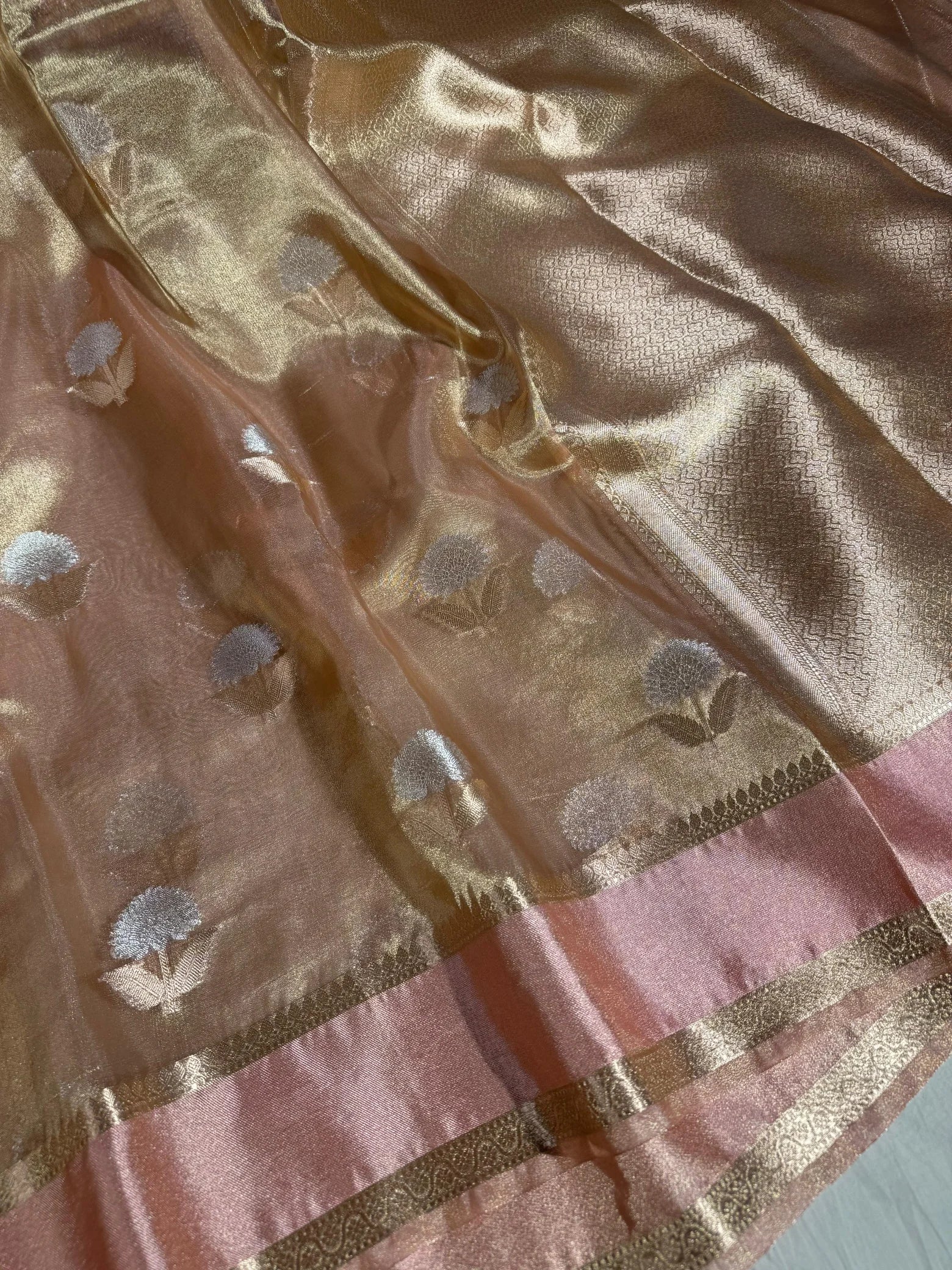 celebrity inspired baby pink shade tissue silk saree with rich pallu and blouse