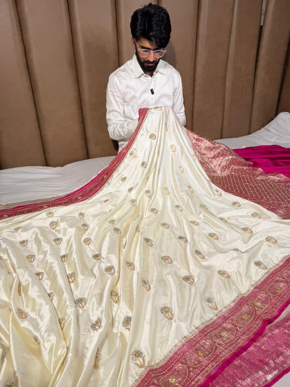 Cream Rani Mashru Katan Silk Premium Handwork Saree