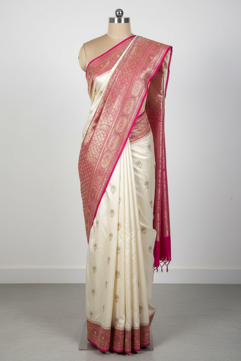 Cream Rani Mashru Katan Silk Premium Handwork Saree