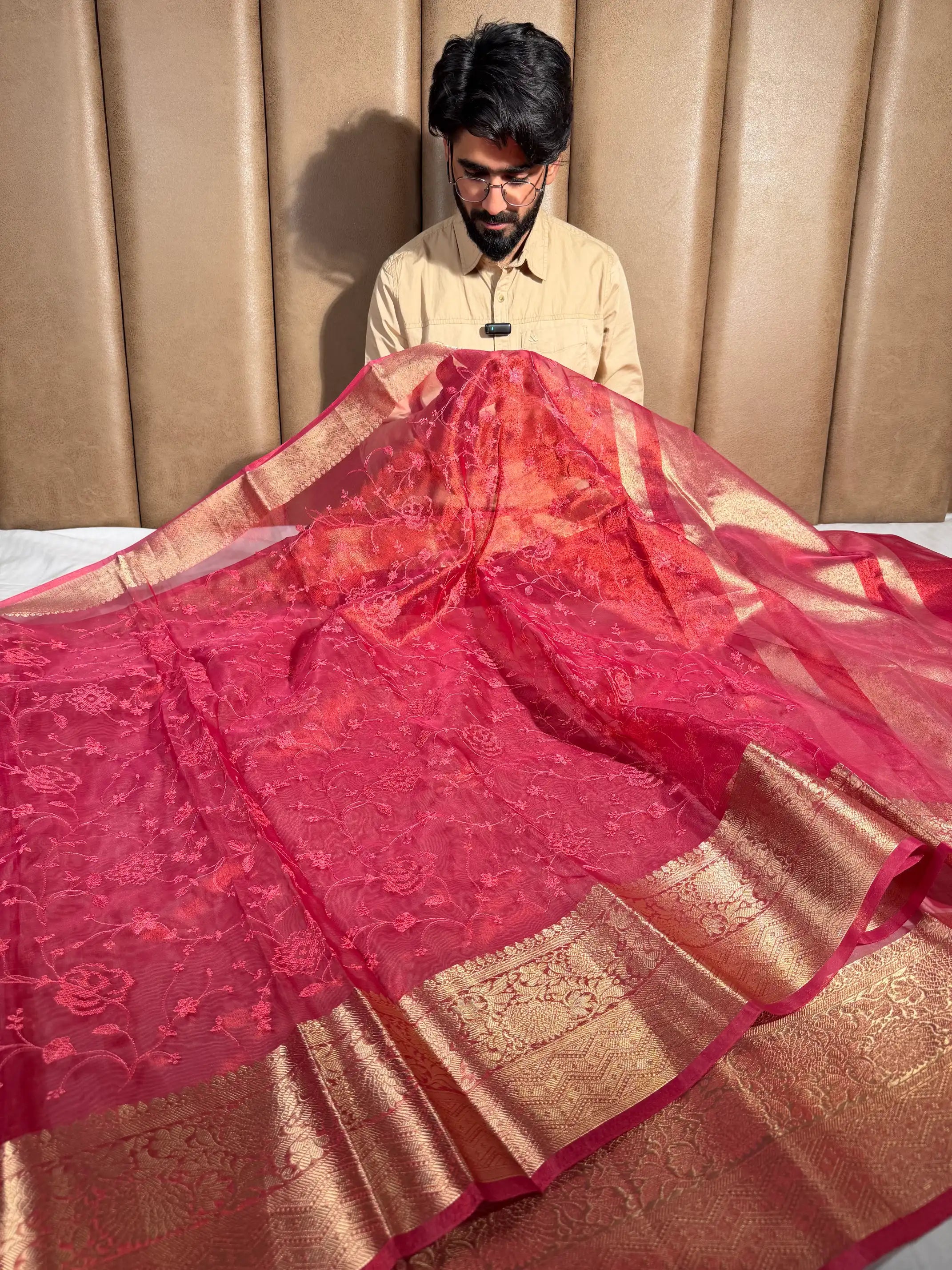 Dhoop Chaon Strawberry Kora Tissue Knitted Embroidery Saree