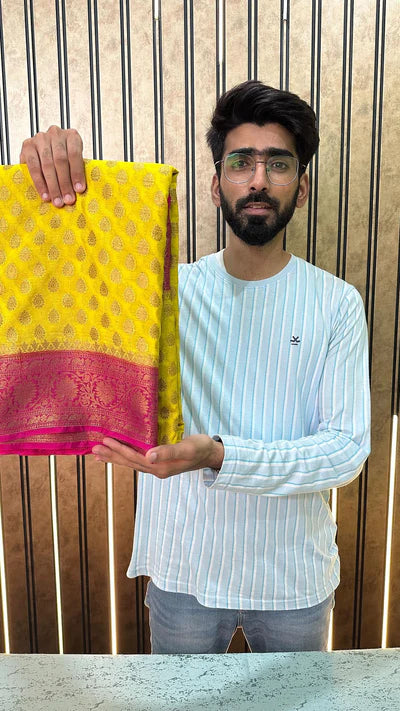 Yellow Traditional Semi Khaddi Buti Saree