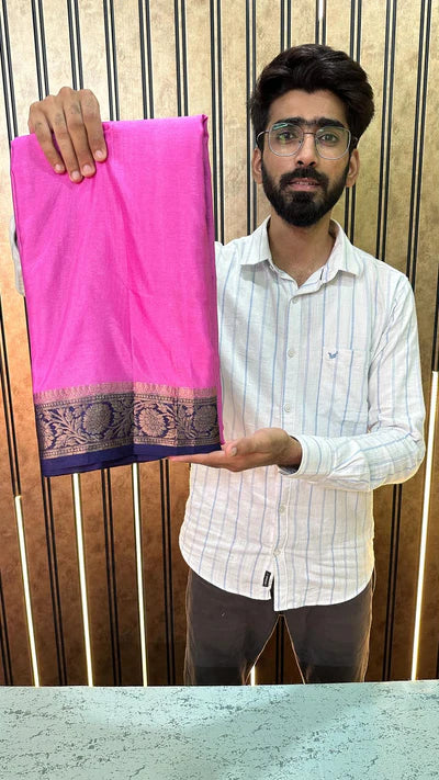 Bright Pink Colour Mysore Crepe Silk Saree
