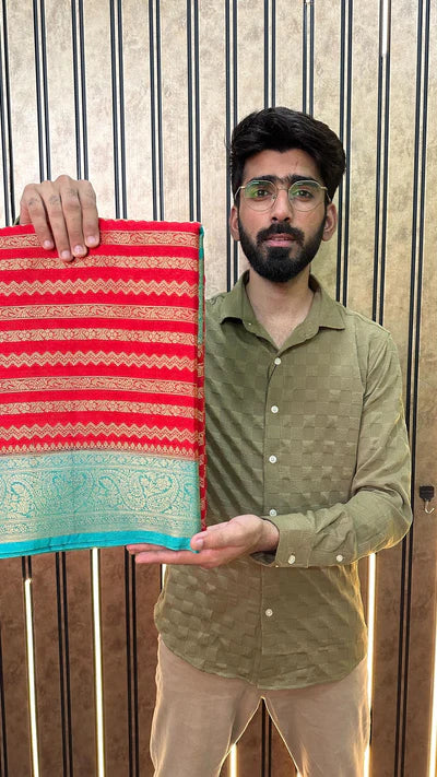 Red Semi Georgette Silk Handloom Banarasi Saree