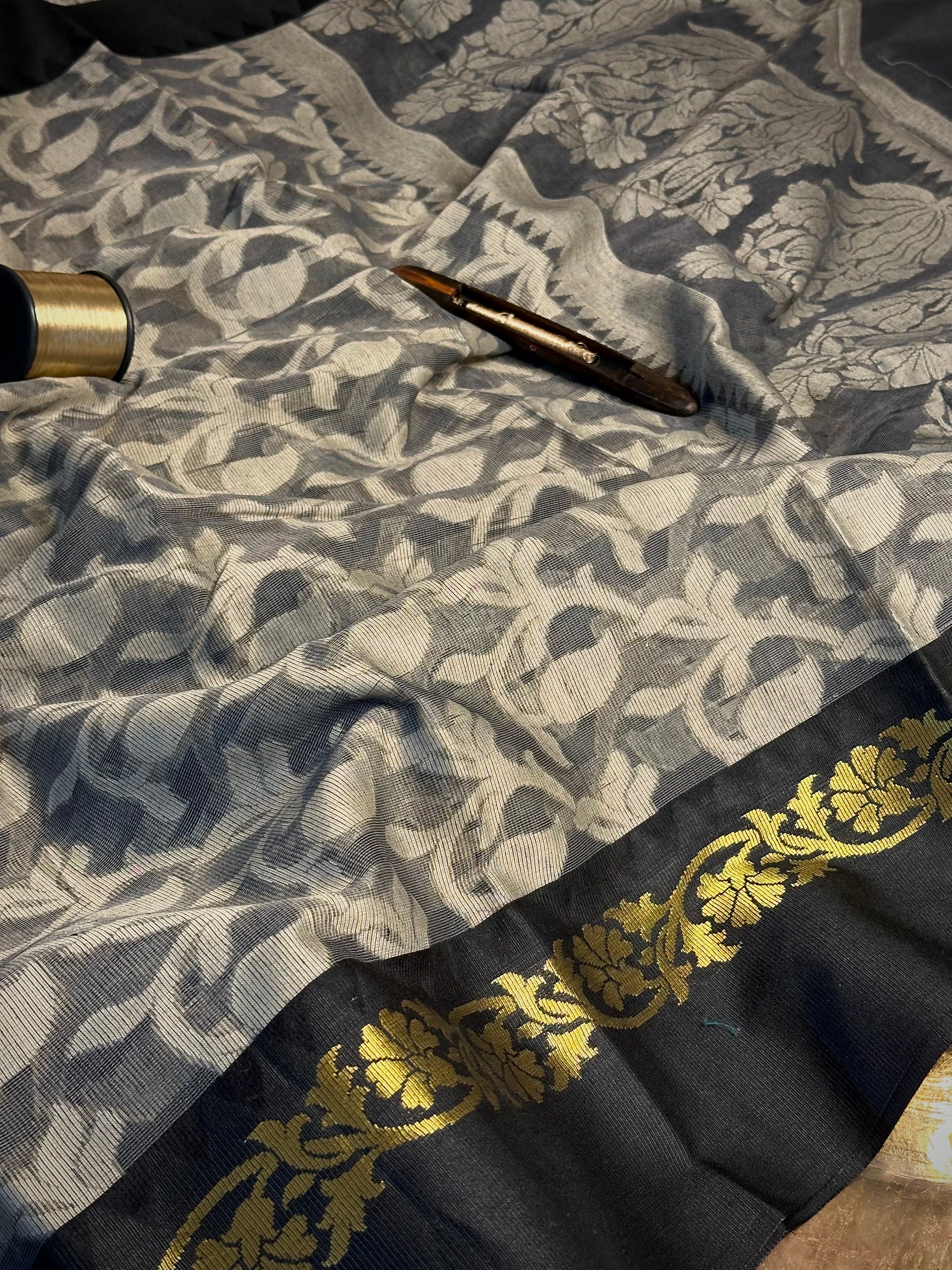 Grey Patola Black Weave Soft Cotton Banarasi Saree