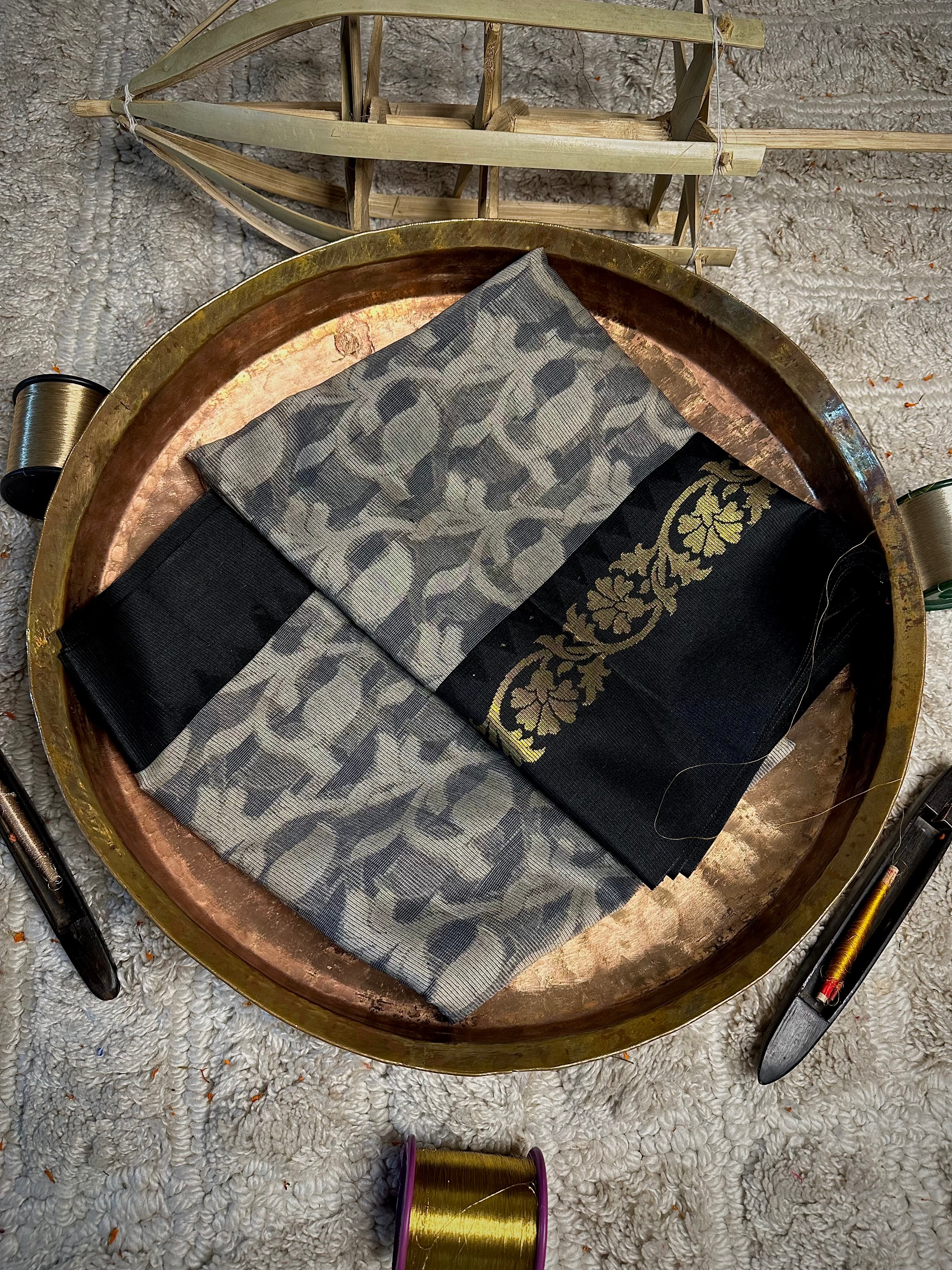 Grey Patola Black Weave Soft Cotton Banarasi Saree