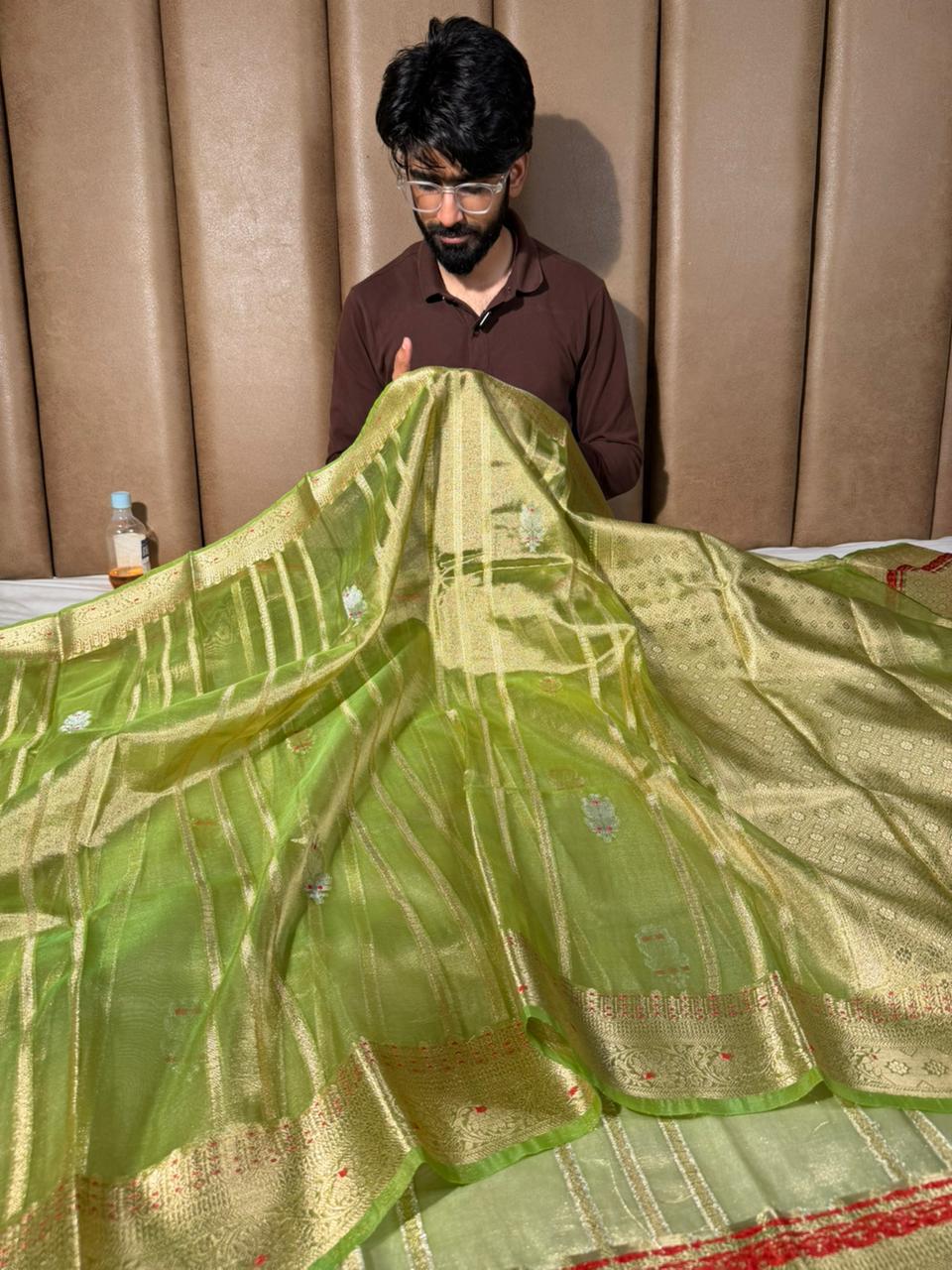 Parrot Green Meenakari Kora Tissue Banarasi Saree