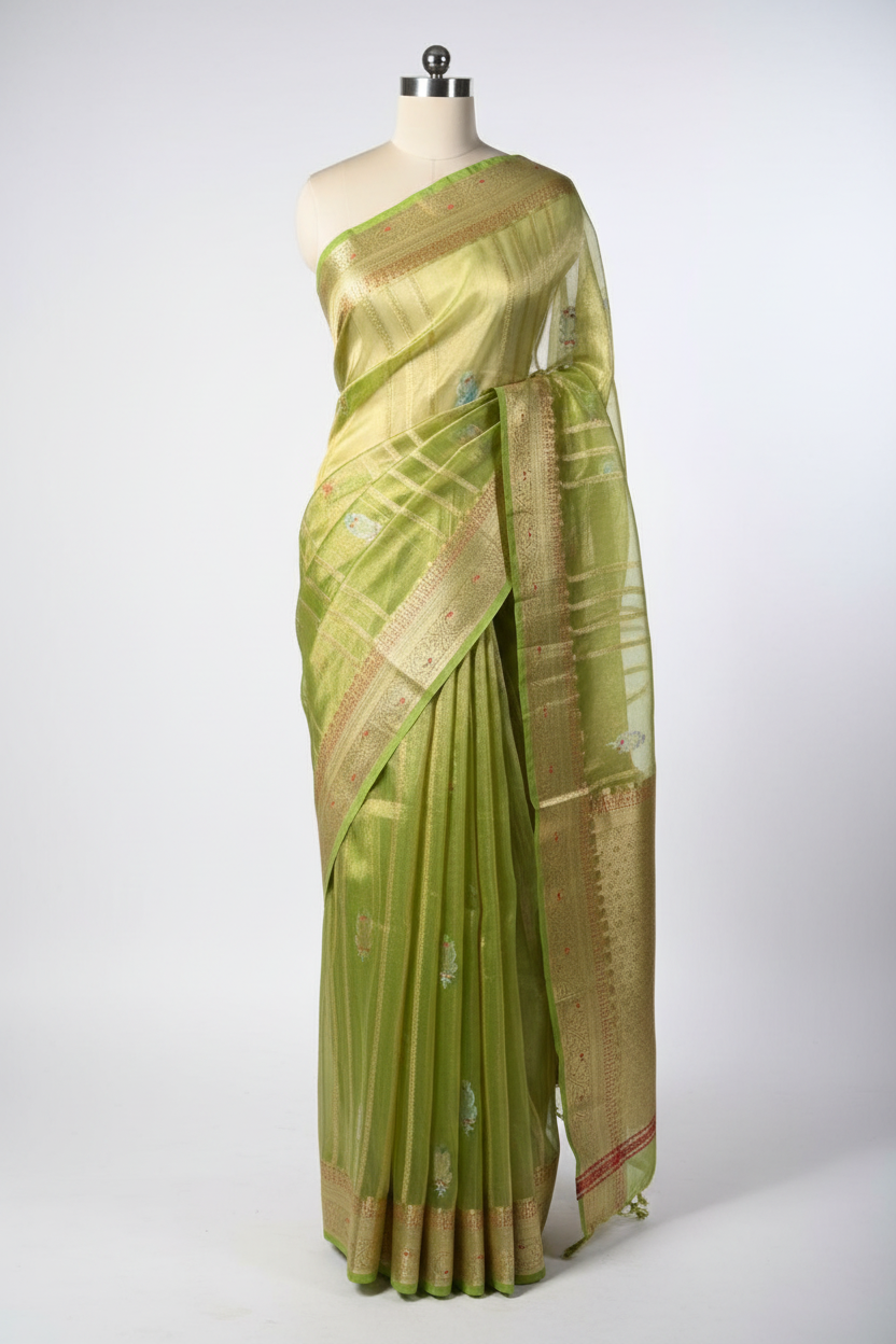 Parrot Green Meenakari Kora Tissue Banarasi Saree