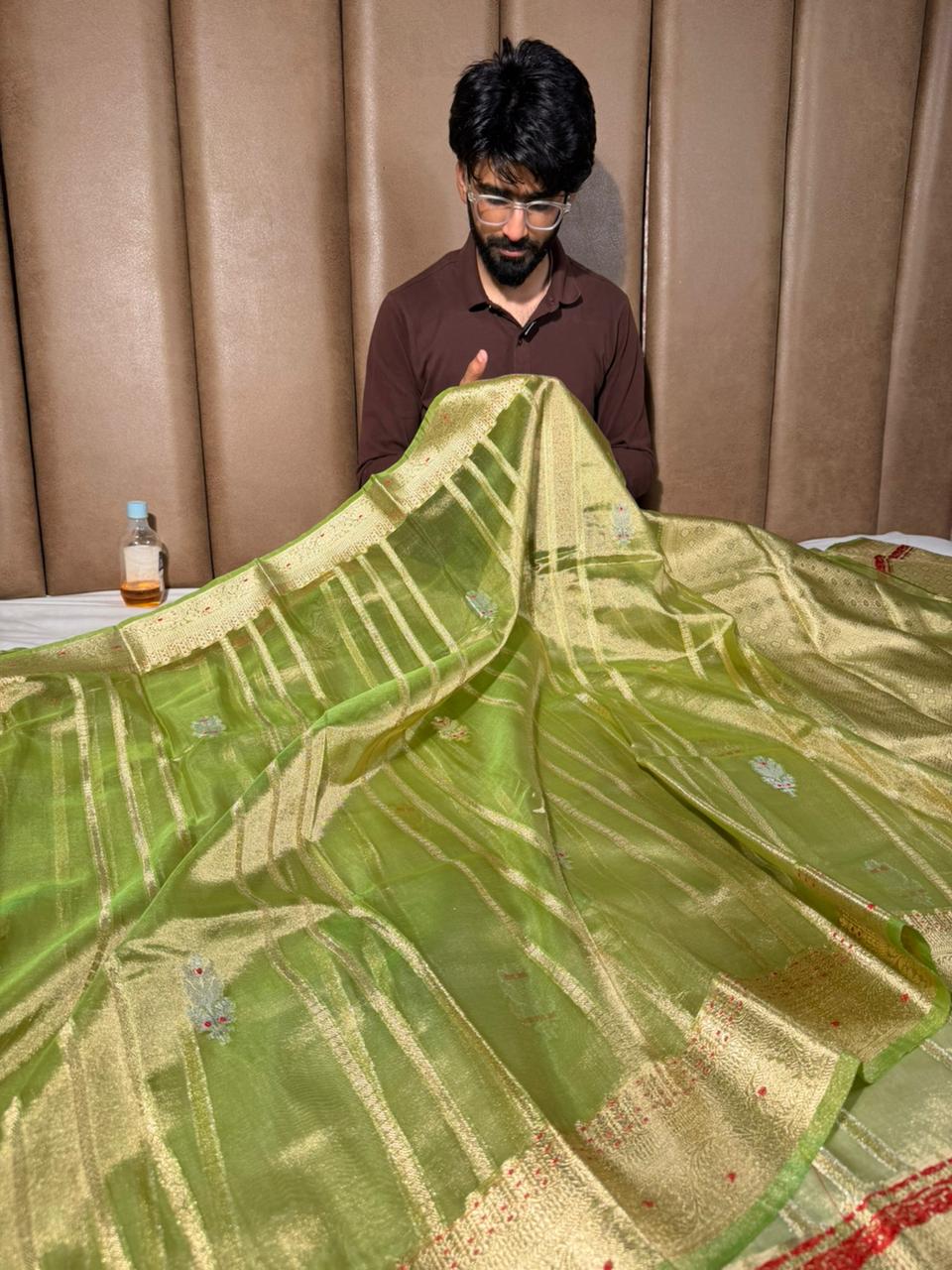 Parrot Green Meenakari Kora Tissue Banarasi Saree
