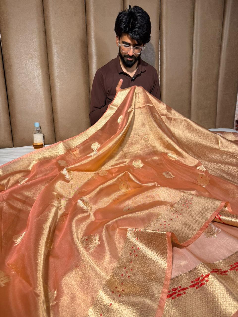 Metallic Peach Meenakari Buta Kora Tissue Saree