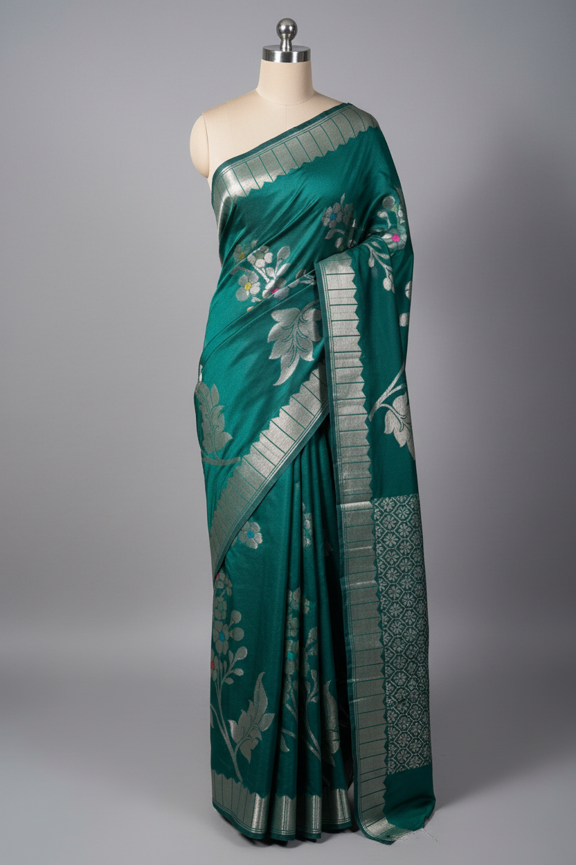 Bottle Green Floral Meenakari Chinia Banarasi Saree
