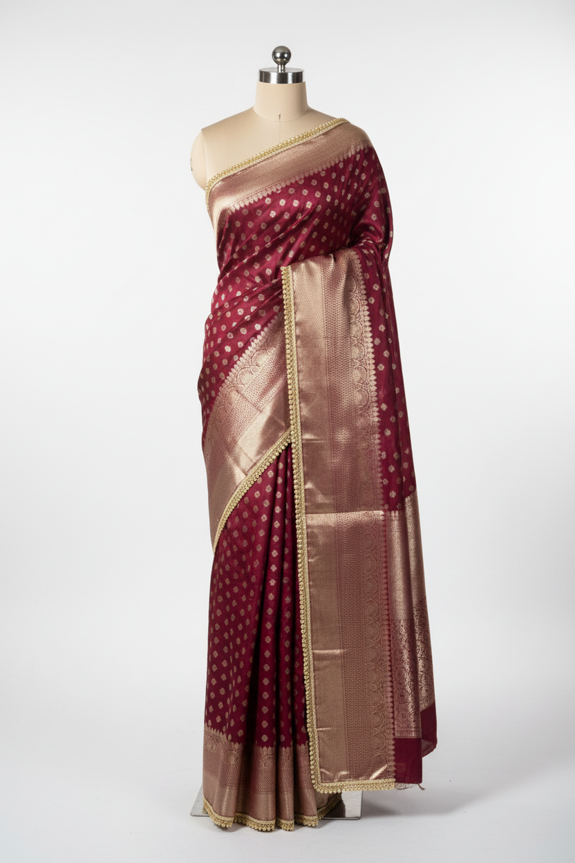 Dark Maroon Chinia Silk Lace Work Banarasi Saree