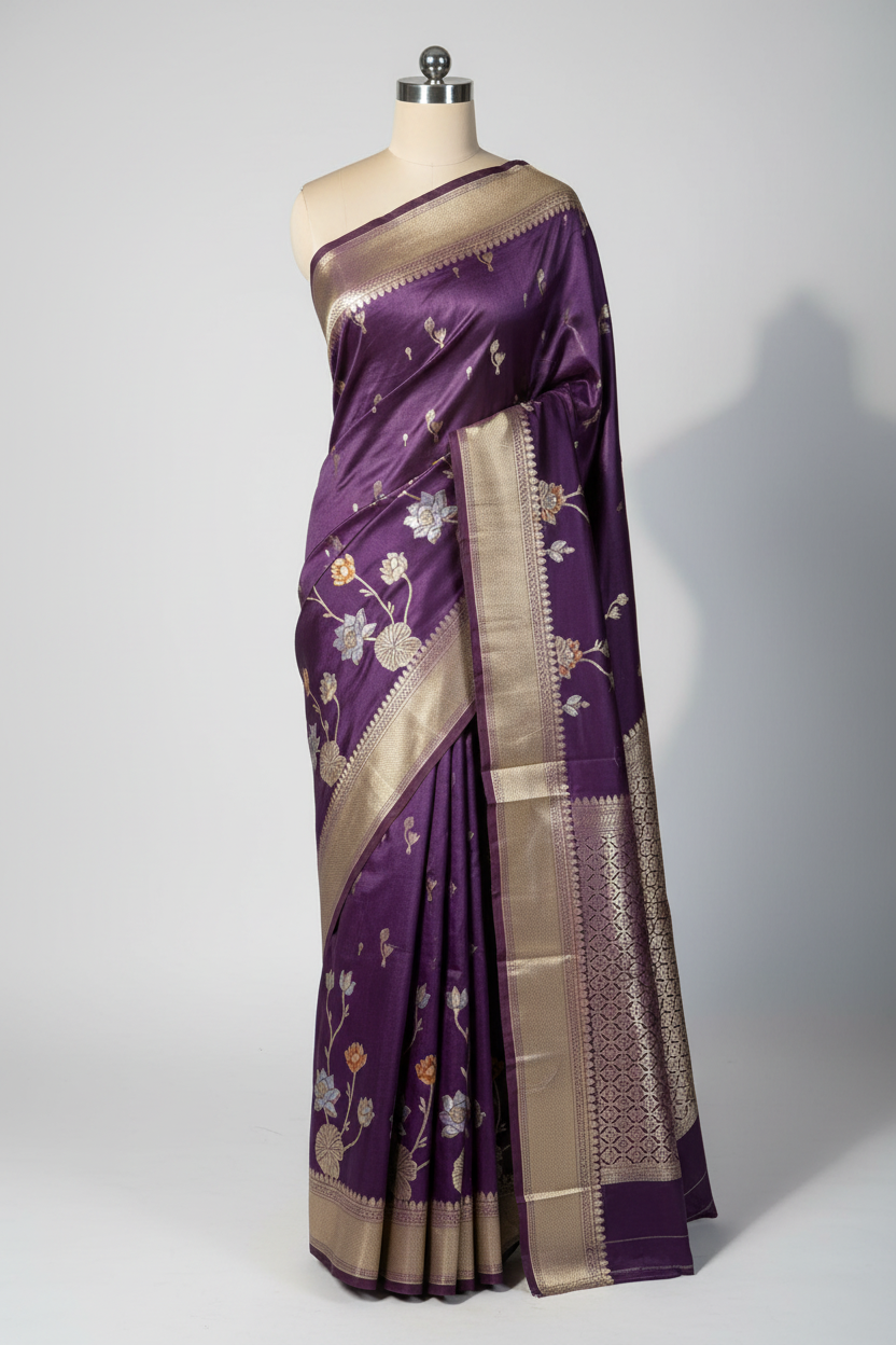 Dusty Purple Floral Border Chinia Silk Banarasi Saree