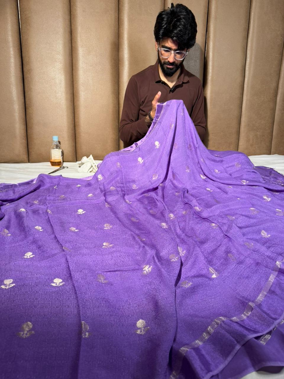 Light Lavender Viscose Georgette Buta Banarasi Saree