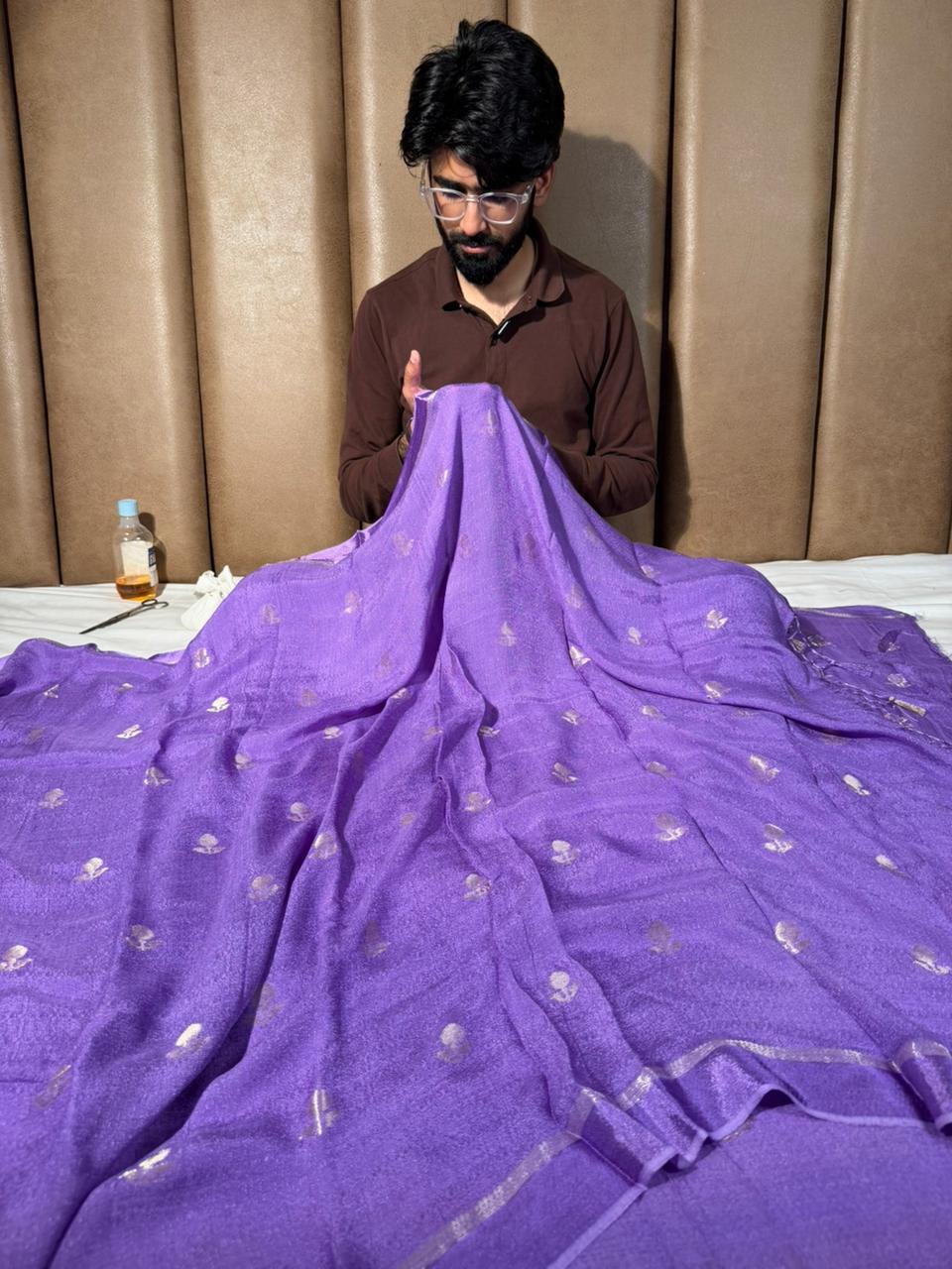 Light Lavender Viscose Georgette Buta Banarasi Saree