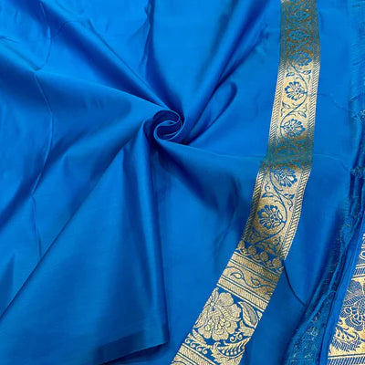 Sky Blue Satin Katan Silk Bridal Banarasi Saree