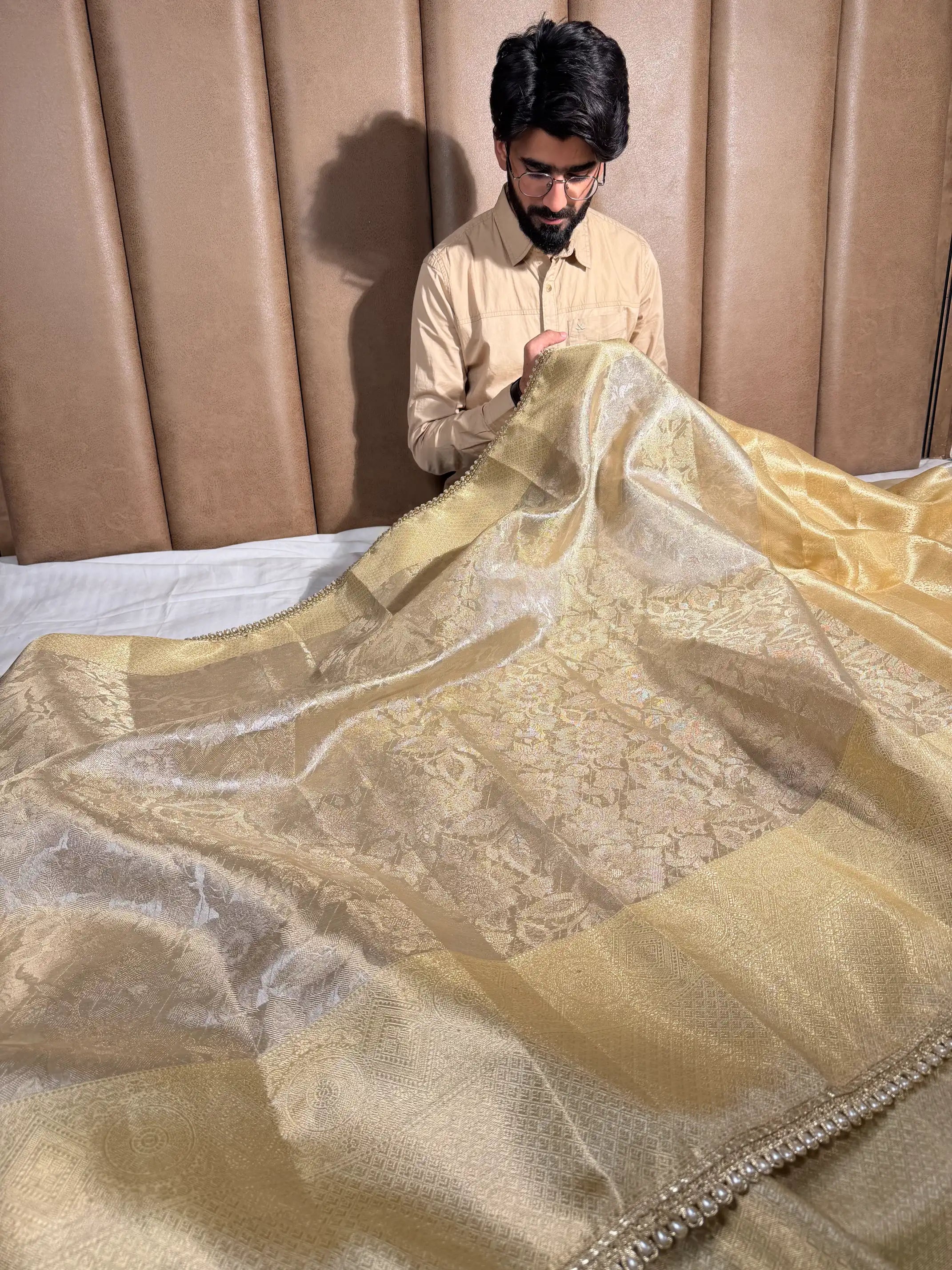 ivory embossed soft tissue silk designer banarasi saree