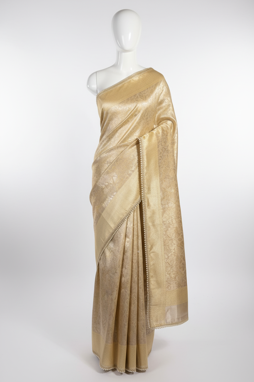Ivory Embossed Soft Tissue Silk Designer Banarasi Saree