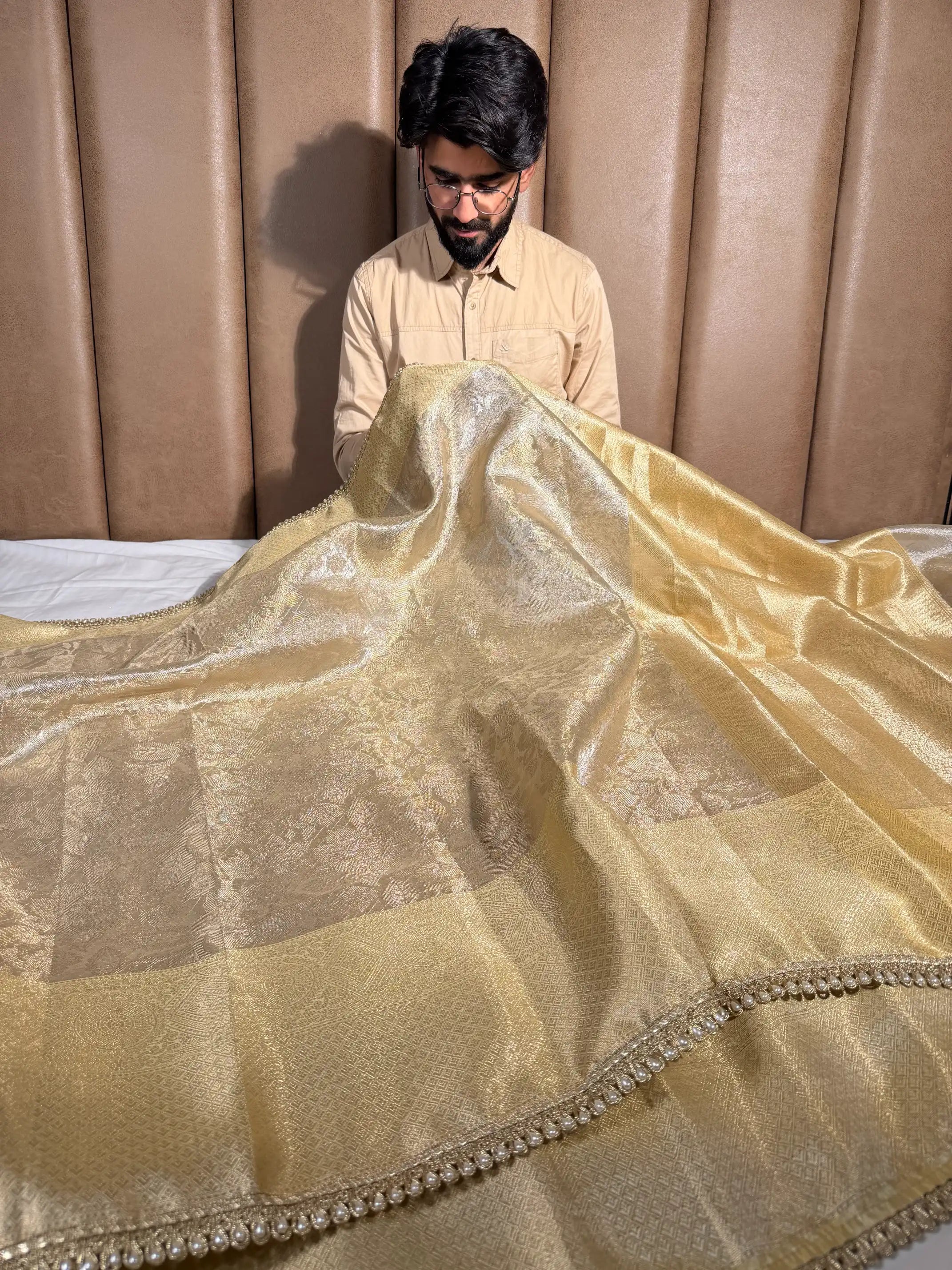 ivory embossed soft tissue silk designer banarasi saree