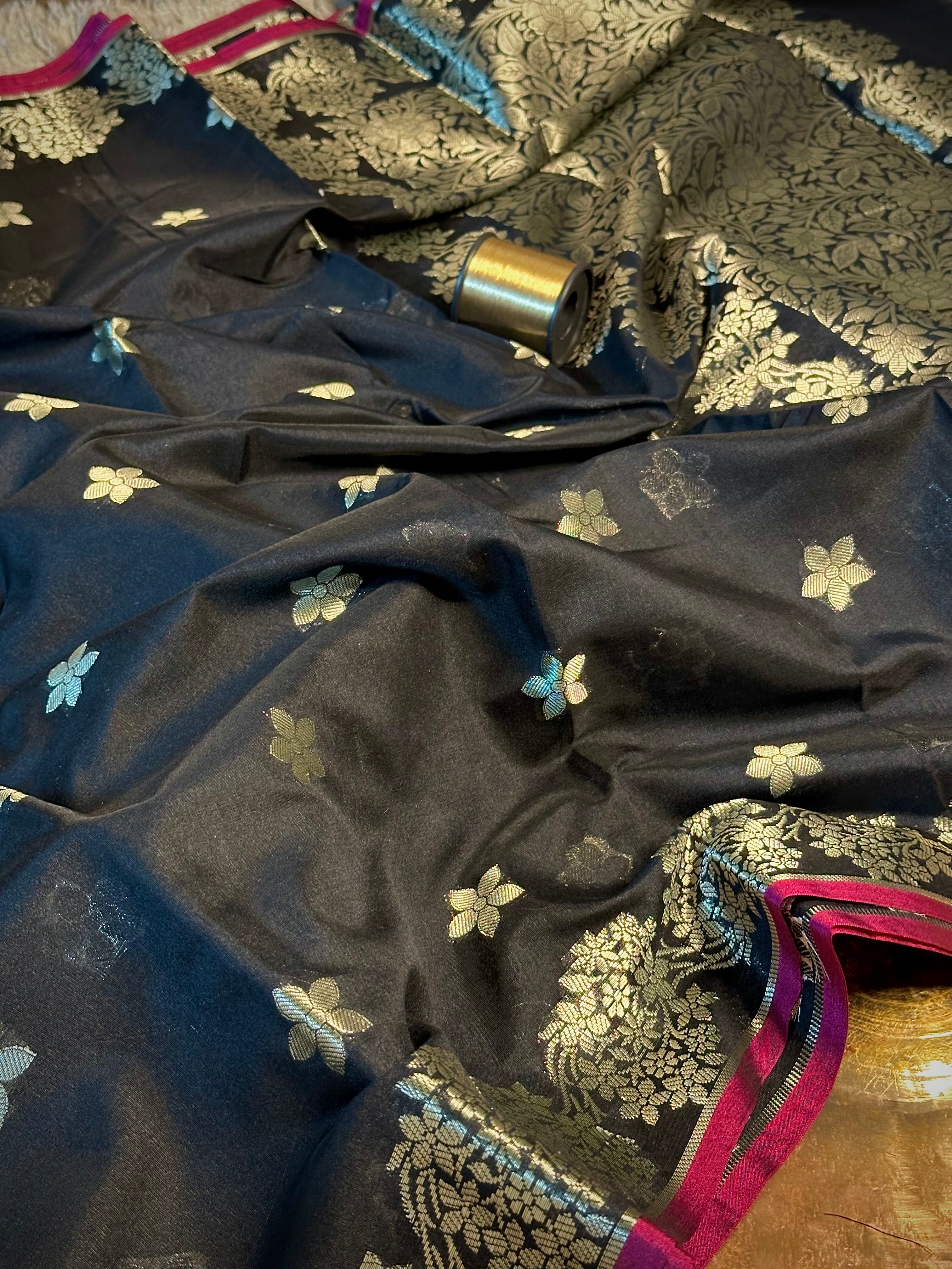 Jet Black Softsilk Buti Weave Saree