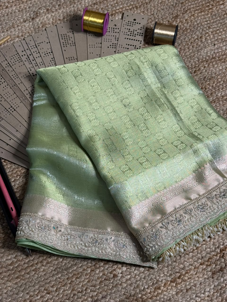 Metallic Green Kanjivaram Brocade Tissue Silk Lace Work Saree