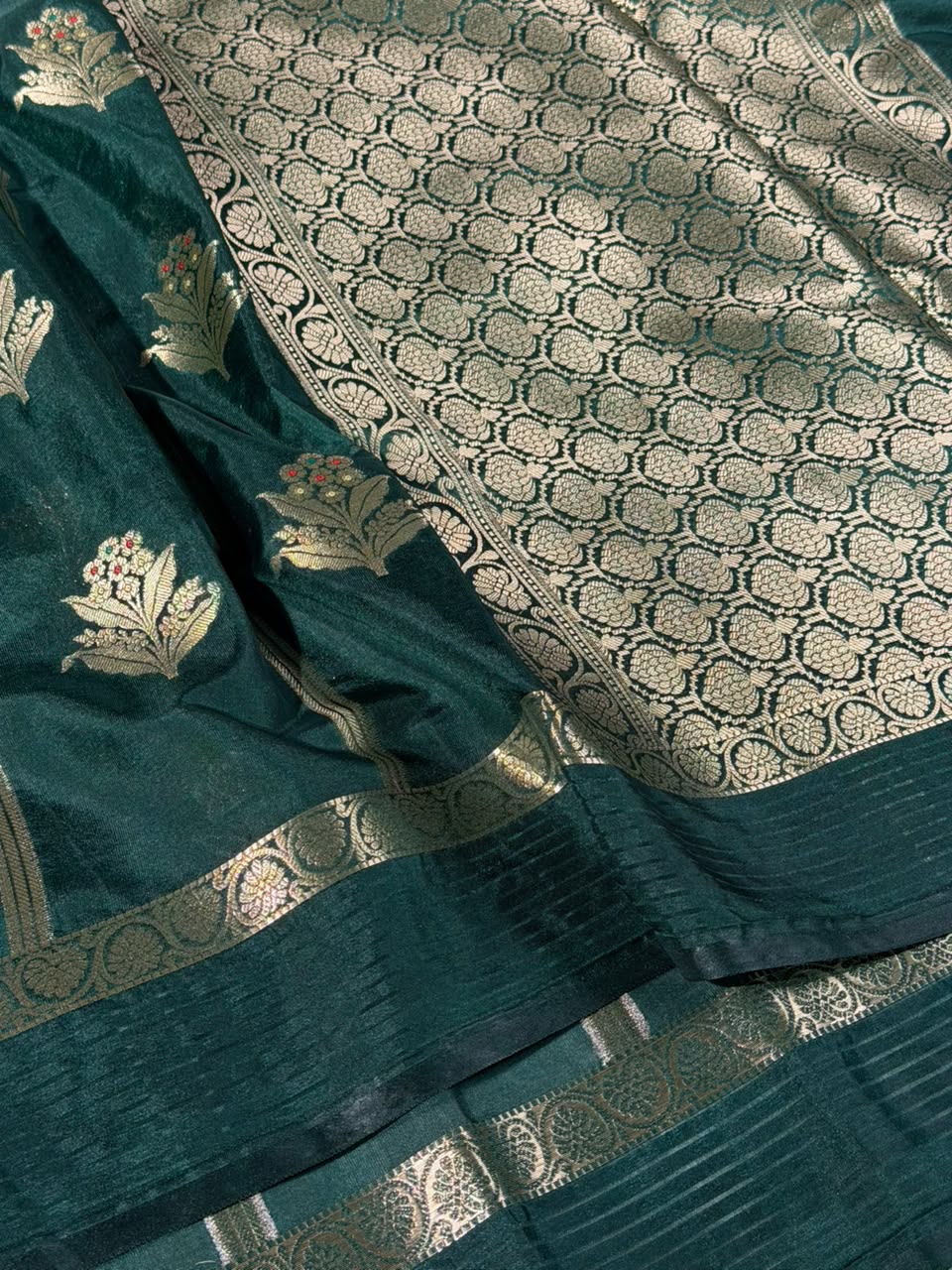 Bottle Green Stripe Weave Chinia Silk Banarasi Saree