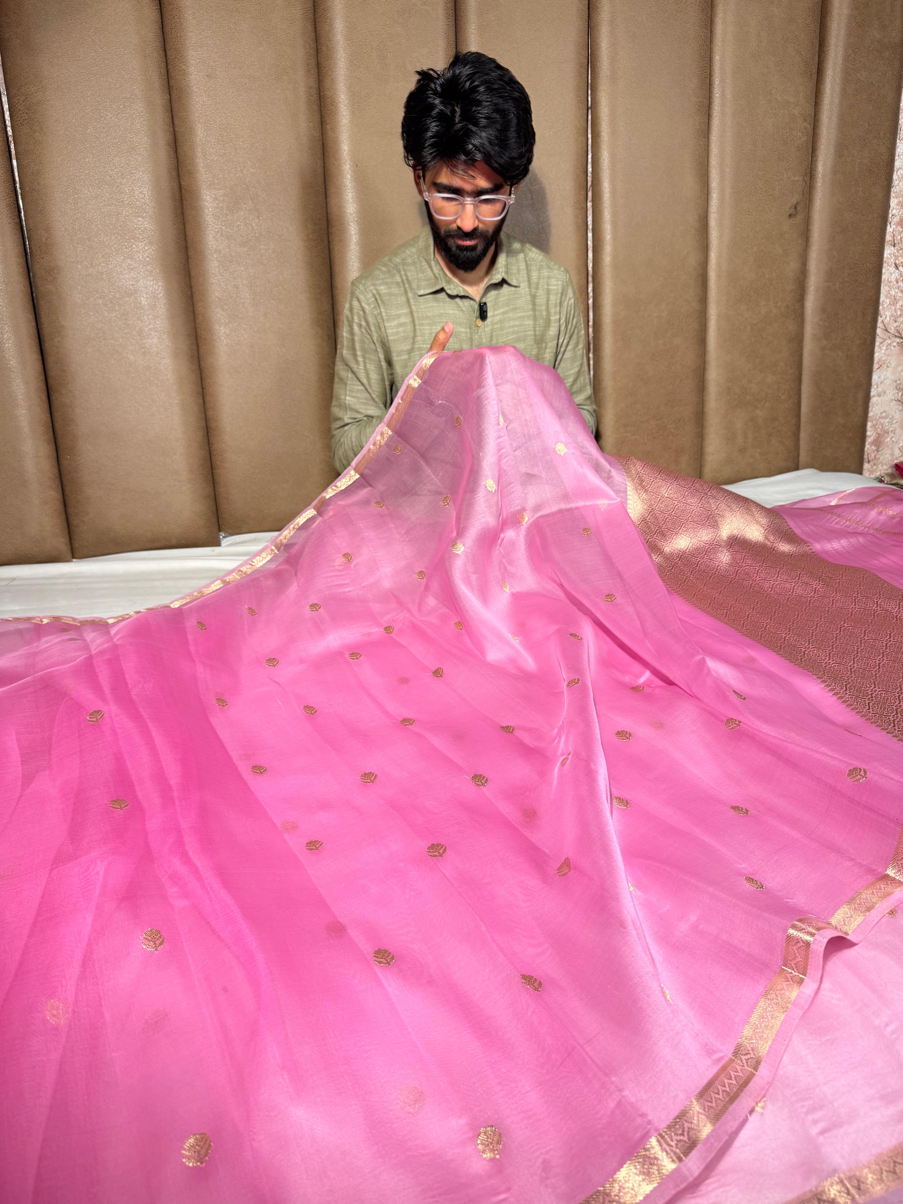 Pastel Pink Handwoven Pure Organza Banarasi Saree