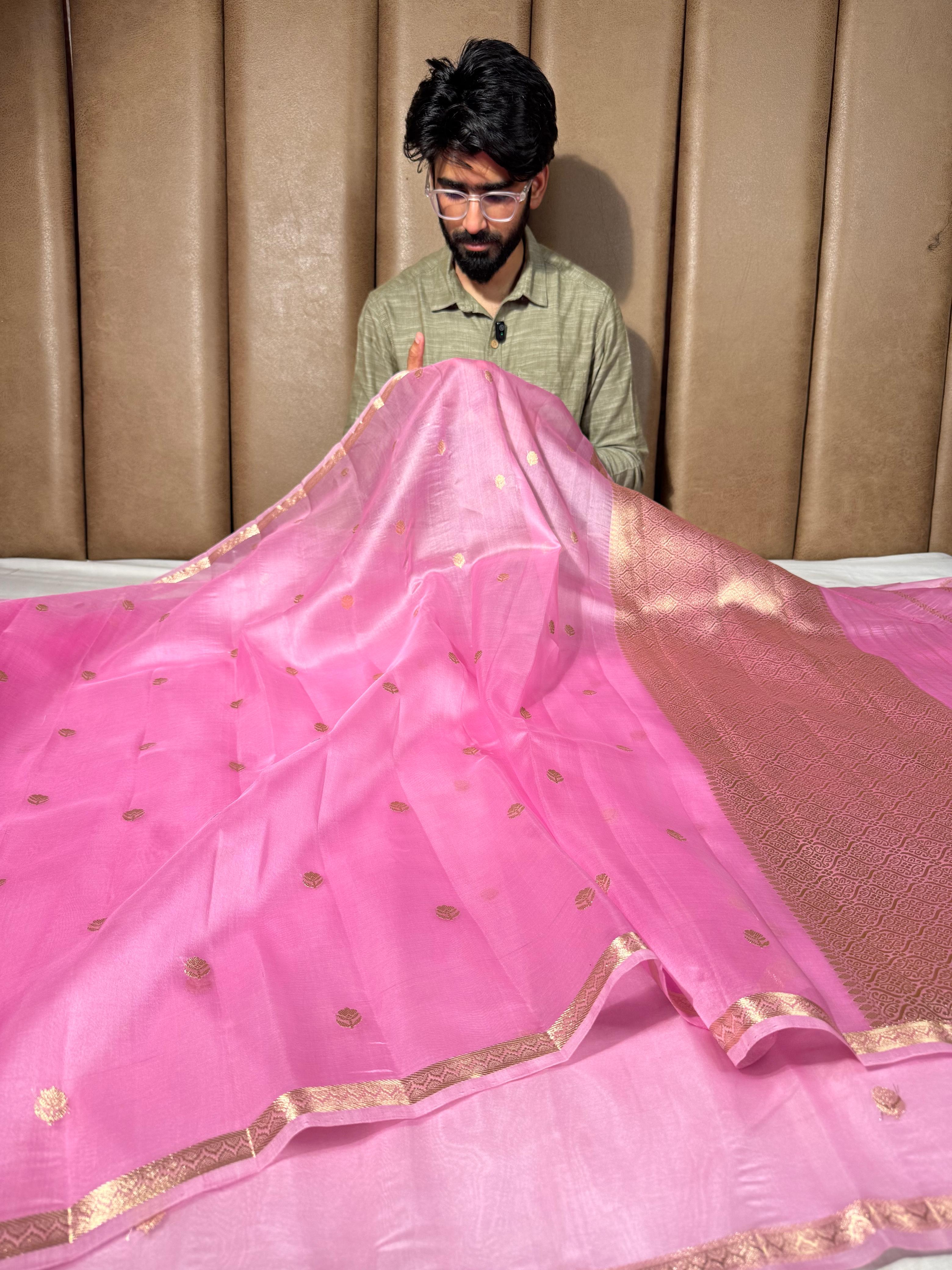 Pastel Pink Handwoven Pure Organza Banarasi Saree