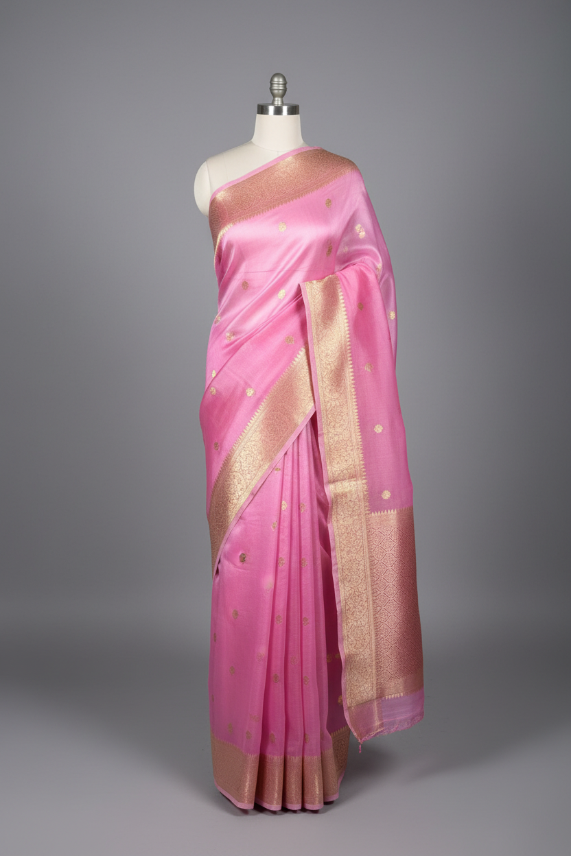 Pastel Pink Handwoven Pure Organza Banarasi Saree