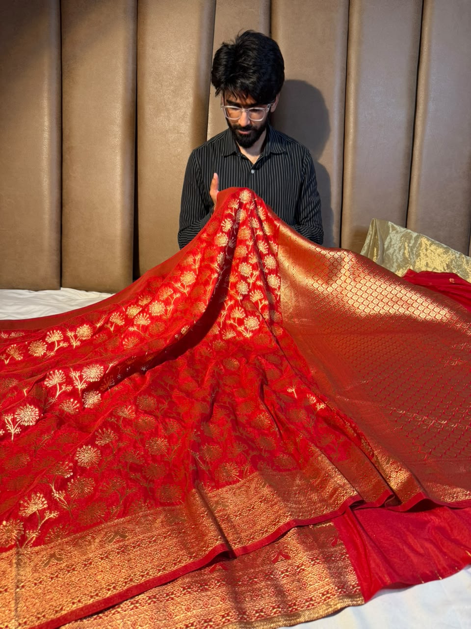 Bright Red Embossed Khaddi Georgette Banarasi Saree