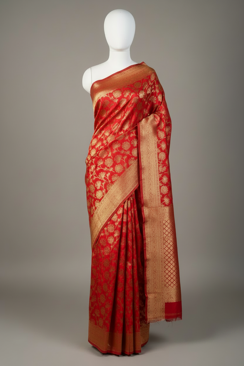 Bright Red Embossed Khaddi Georgette Banarasi Saree