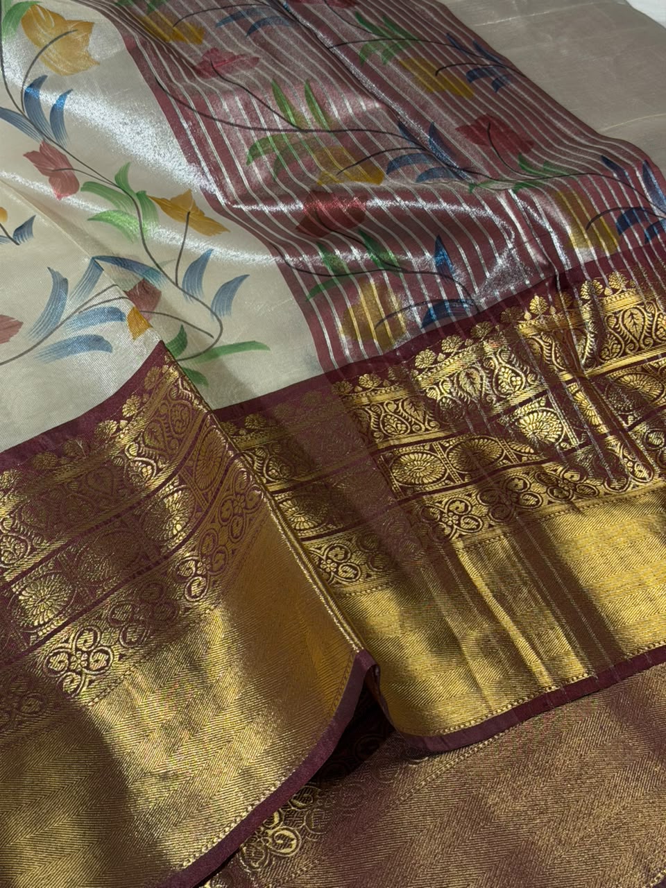 Ivory Soft Tissue Banarasi Saree With Floral Prints 
