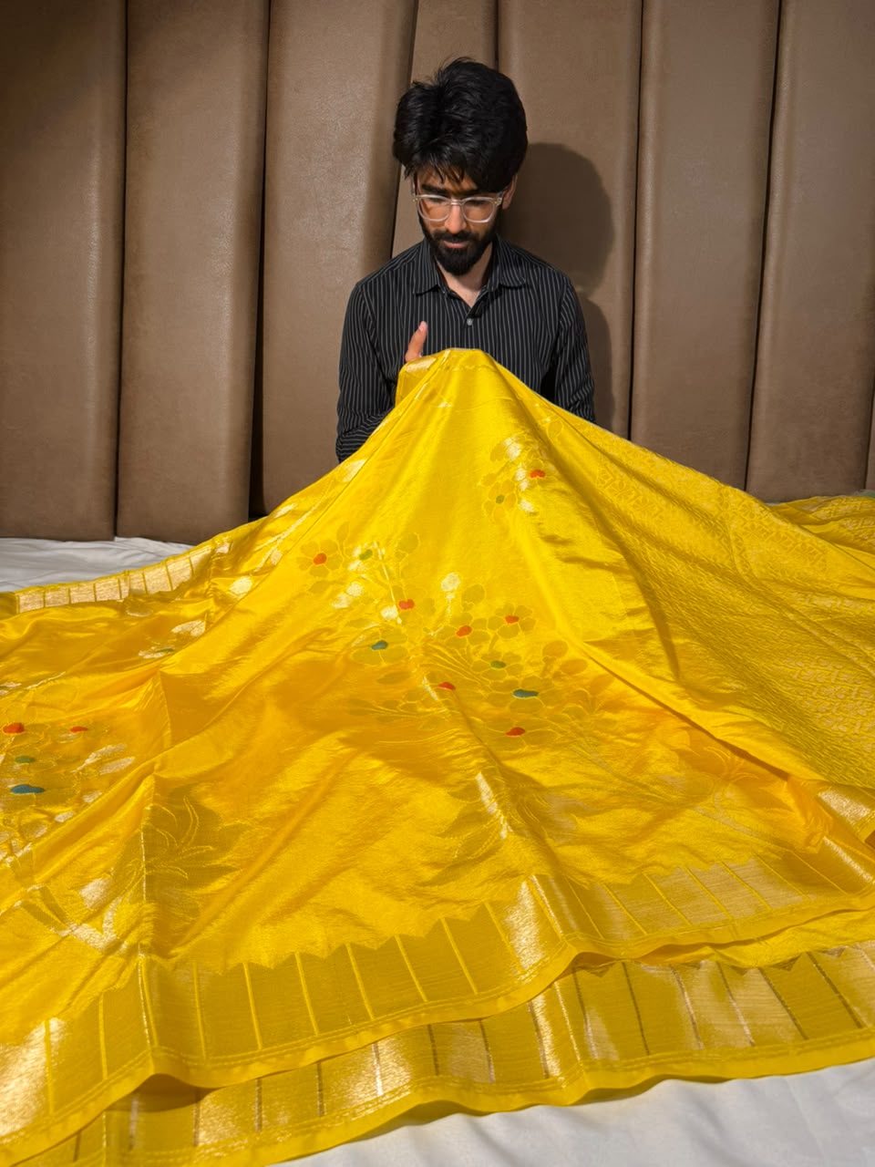 Bright Yellow Meenakari Chinia Silk Banarasi Saree
