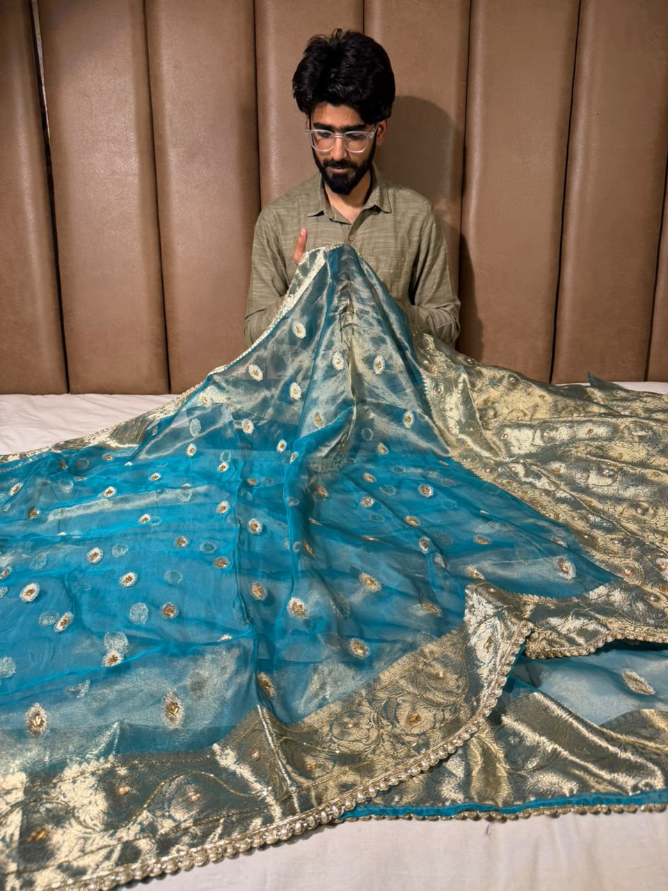 Sea Green Pure Tissue Silk Handwork Saree