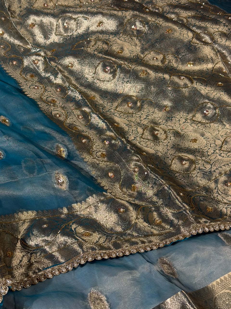 Sea Green Pure Tissue Silk Handwork Saree