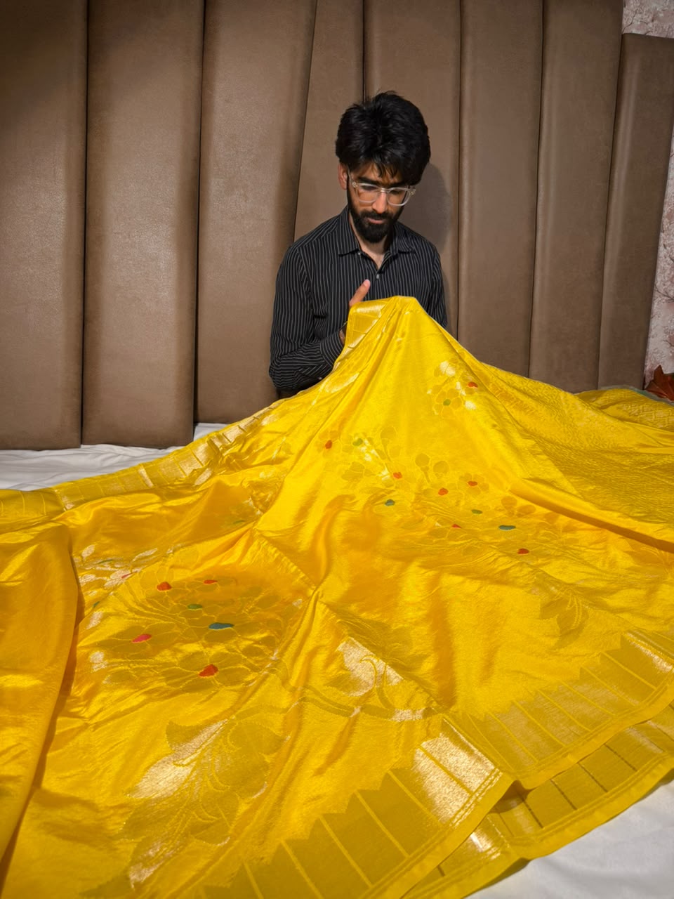 Bright Yellow Meenakari Chinia Silk Banarasi Saree