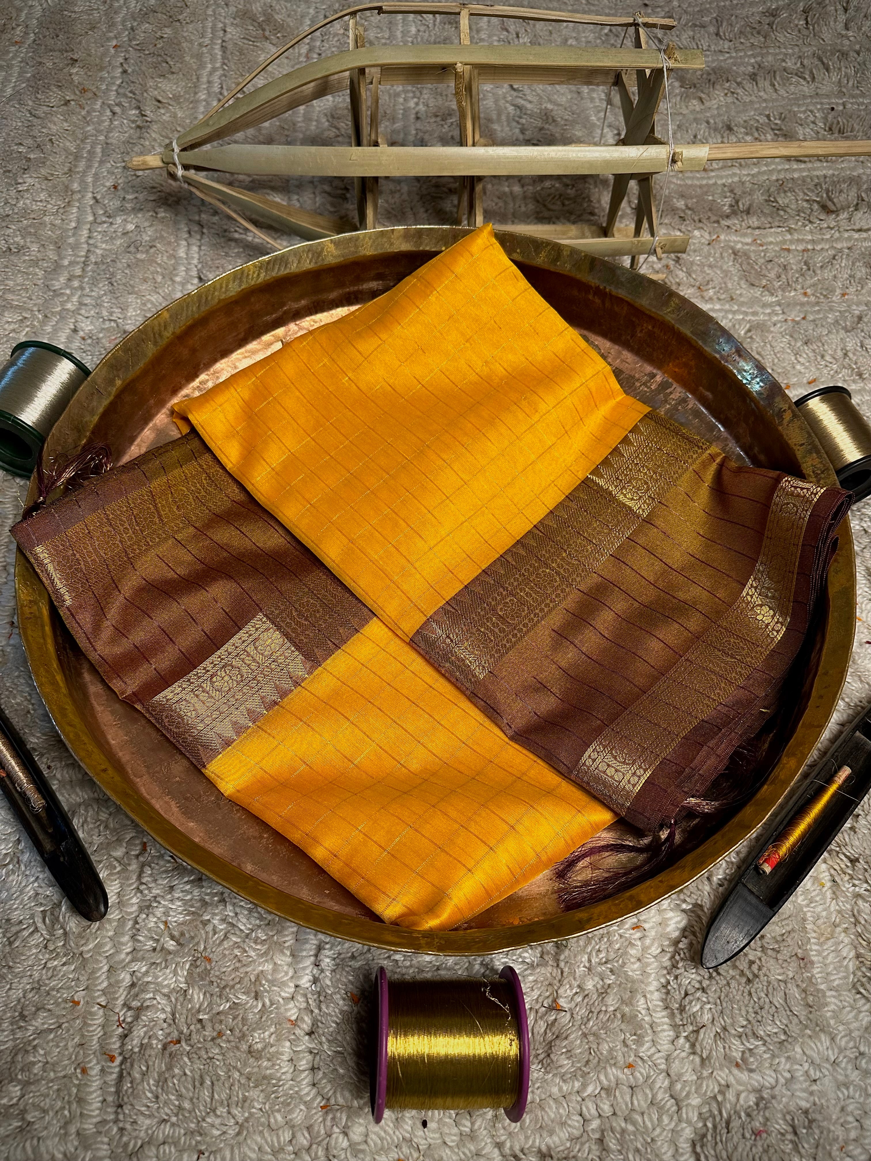Light Yellow Checks Cotton Banarasi Saree