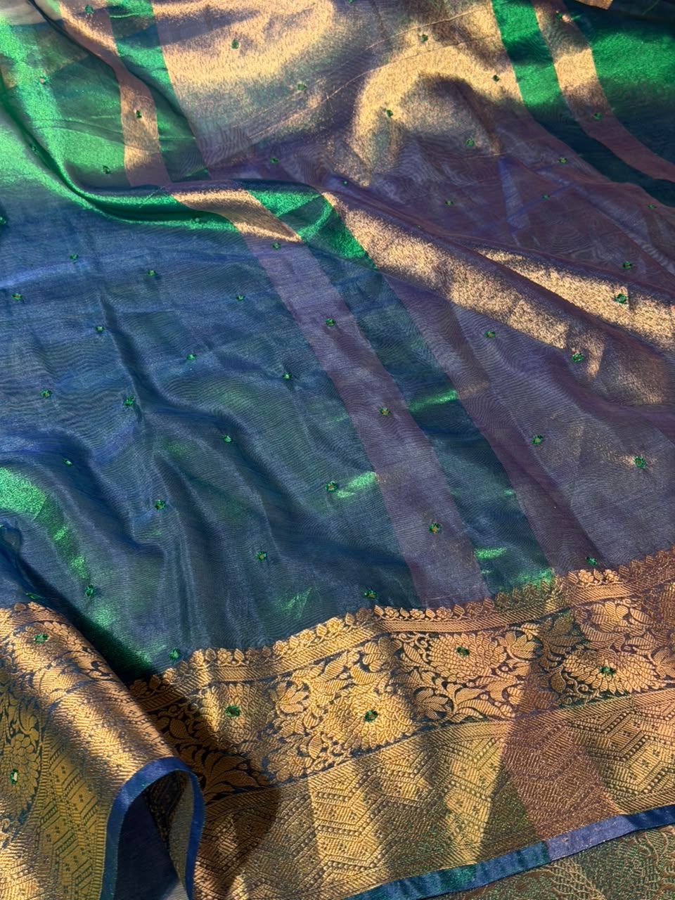Rare Peacock Shade  Kora Tissue Mirror Work saree